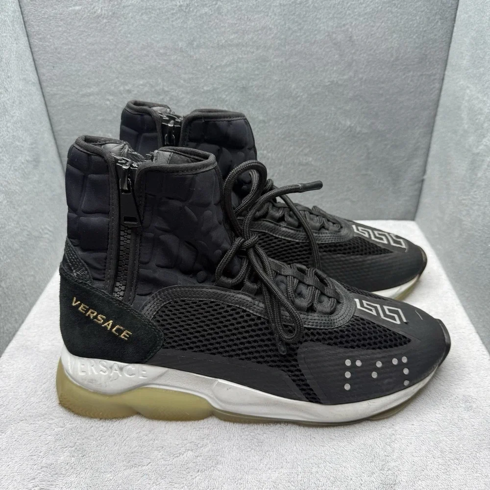 Versace Chain Reaction High Top Sneakers Black Mesh Suede Men's EU 44 US 11